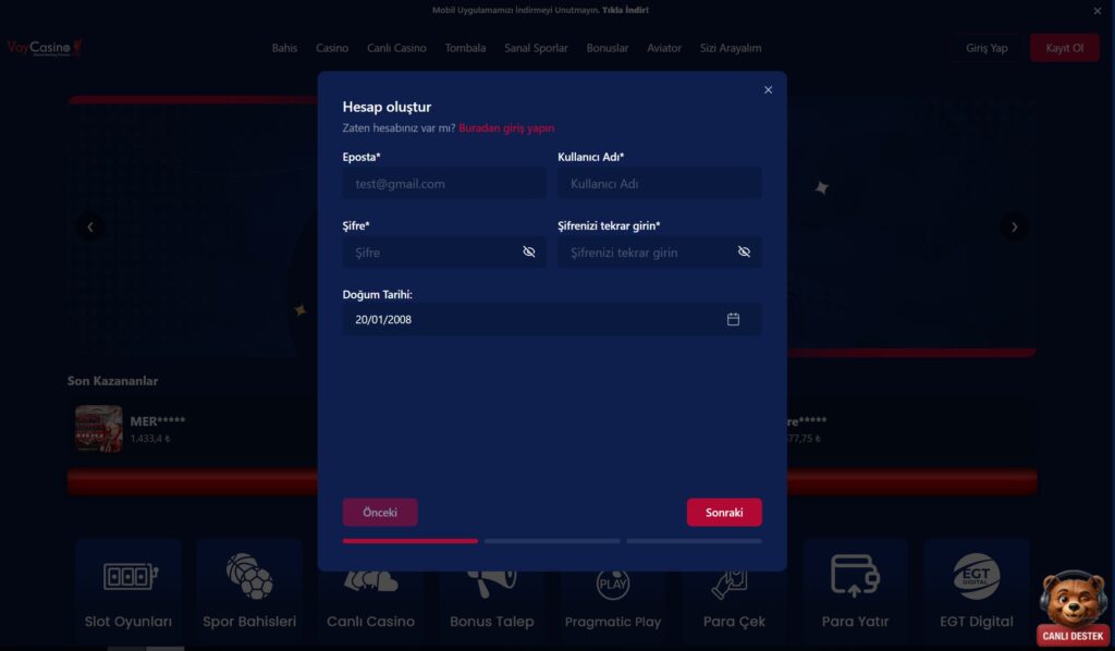 vaycasino hesap açma